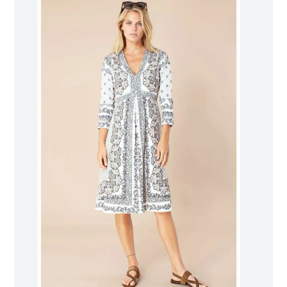 New Hale Bob Joss Jersey Dress Cream Gray Midi Women's Size XS